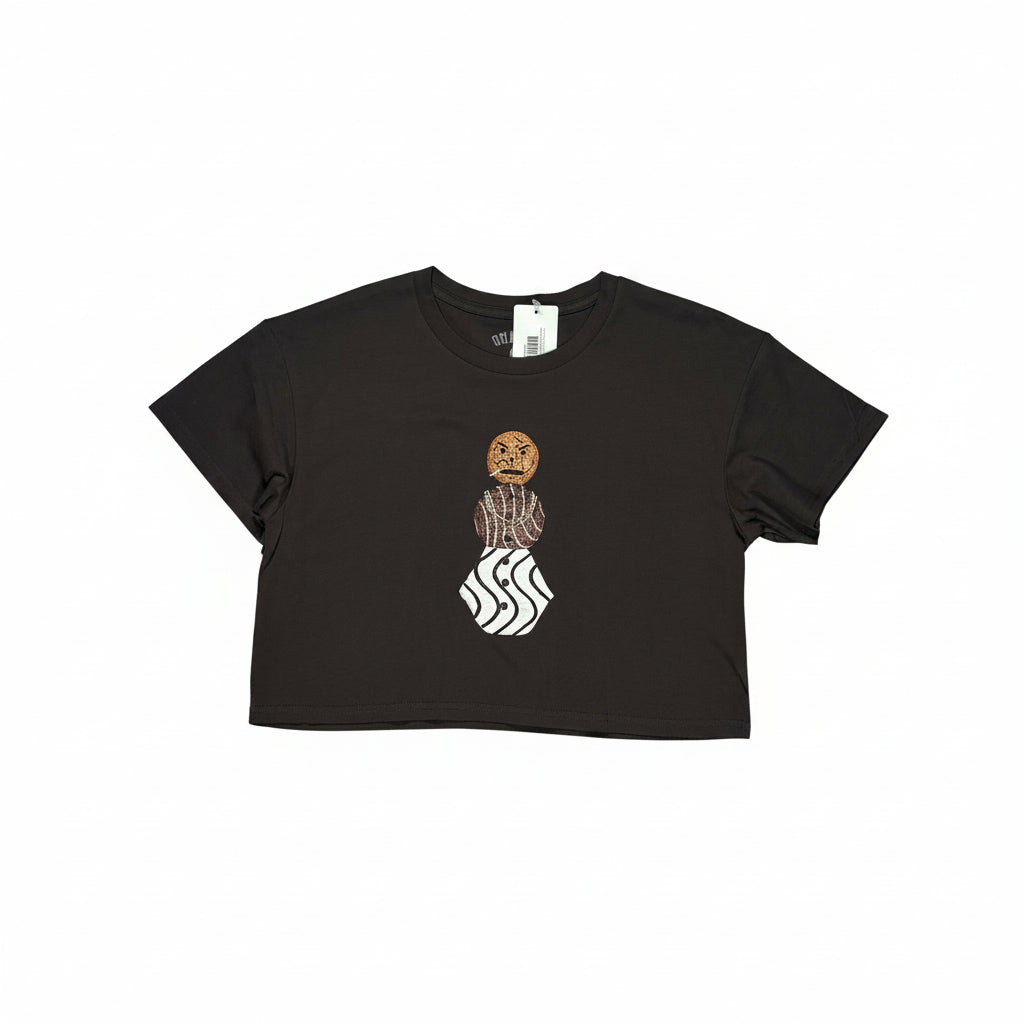 Black t-shirt with graphic design on a white surface