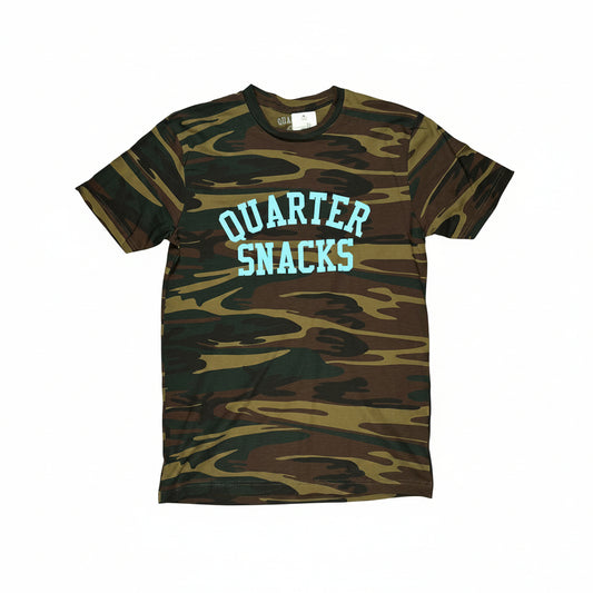 camo t-shirt with QUARTERSNACKS arch logo on center chest