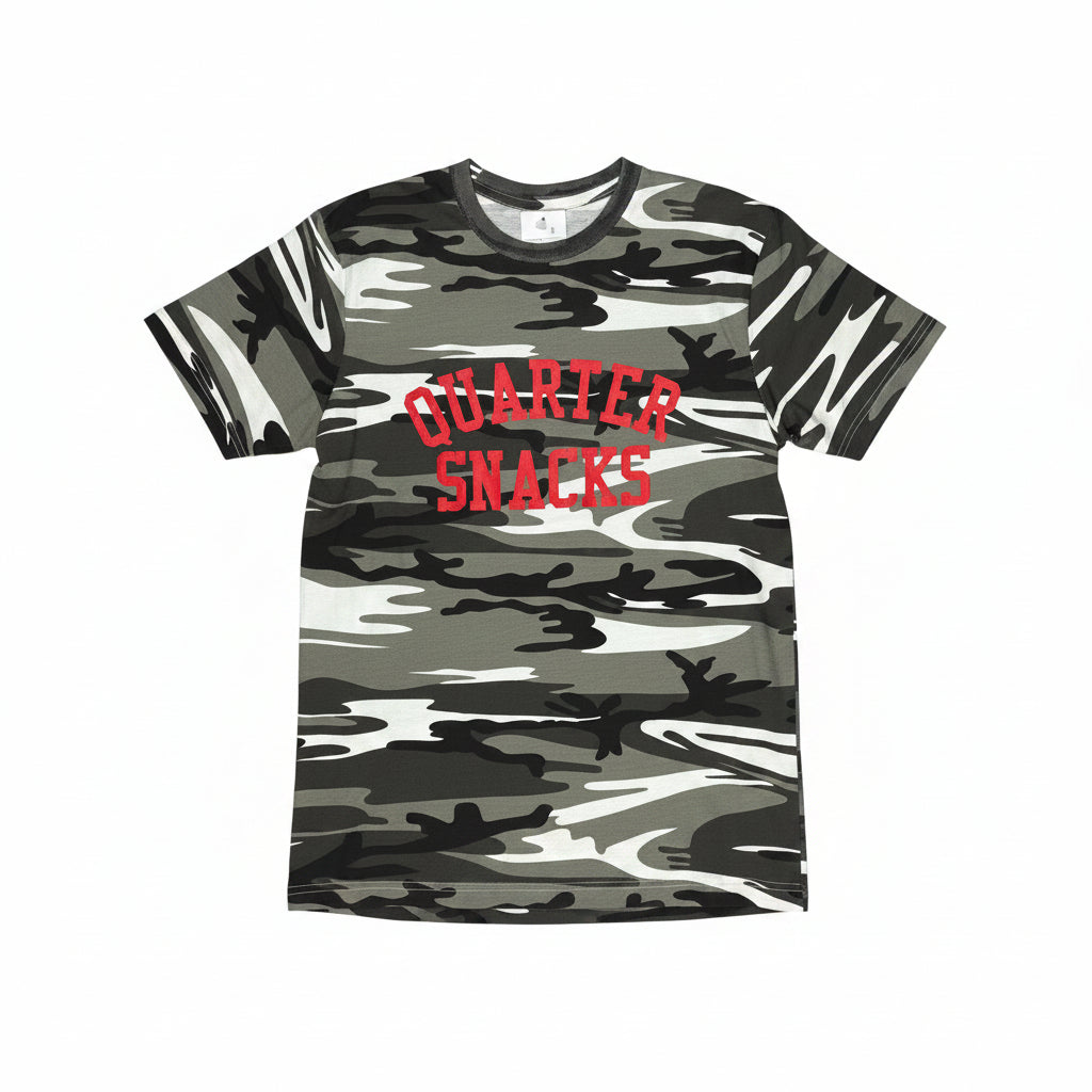 white and black camo t-shirt with QUARTERSNACKS arch logo on center chest