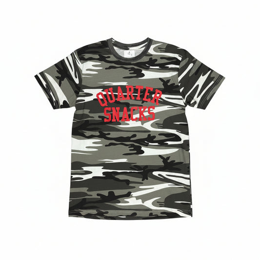 white and black camo t-shirt with QUARTERSNACKS arch logo on center chest