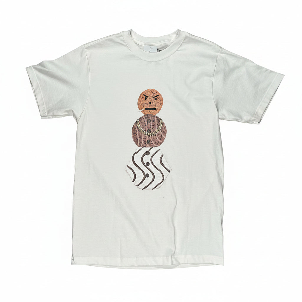 White t-shirt with a graphic design on a white surface