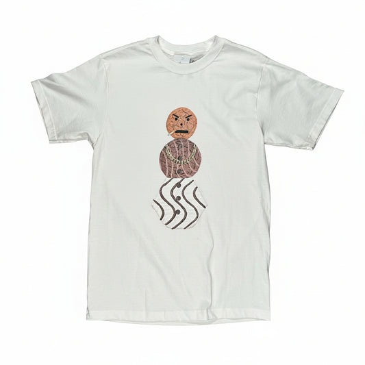 White t-shirt with a graphic design on a white surface