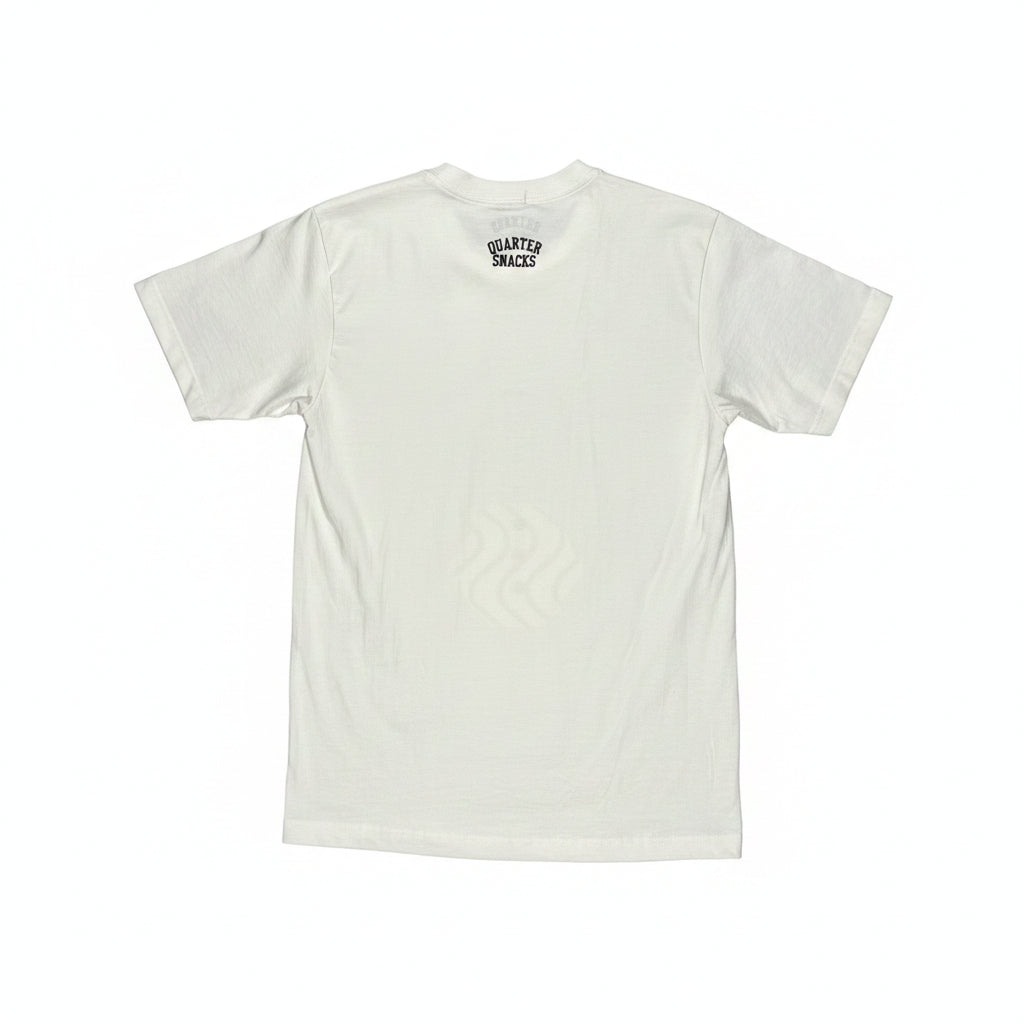 White t-shirt with text on a white surface