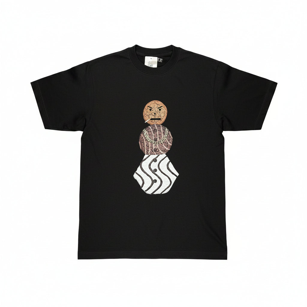 Black t-shirt with a graphic design on a white surface