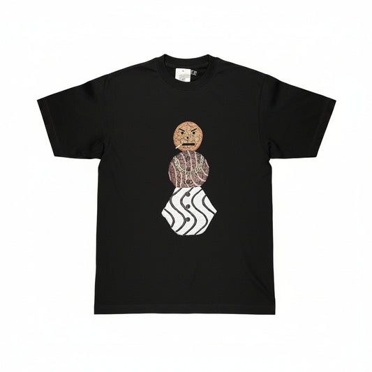 Black t-shirt with a graphic design on a white surface