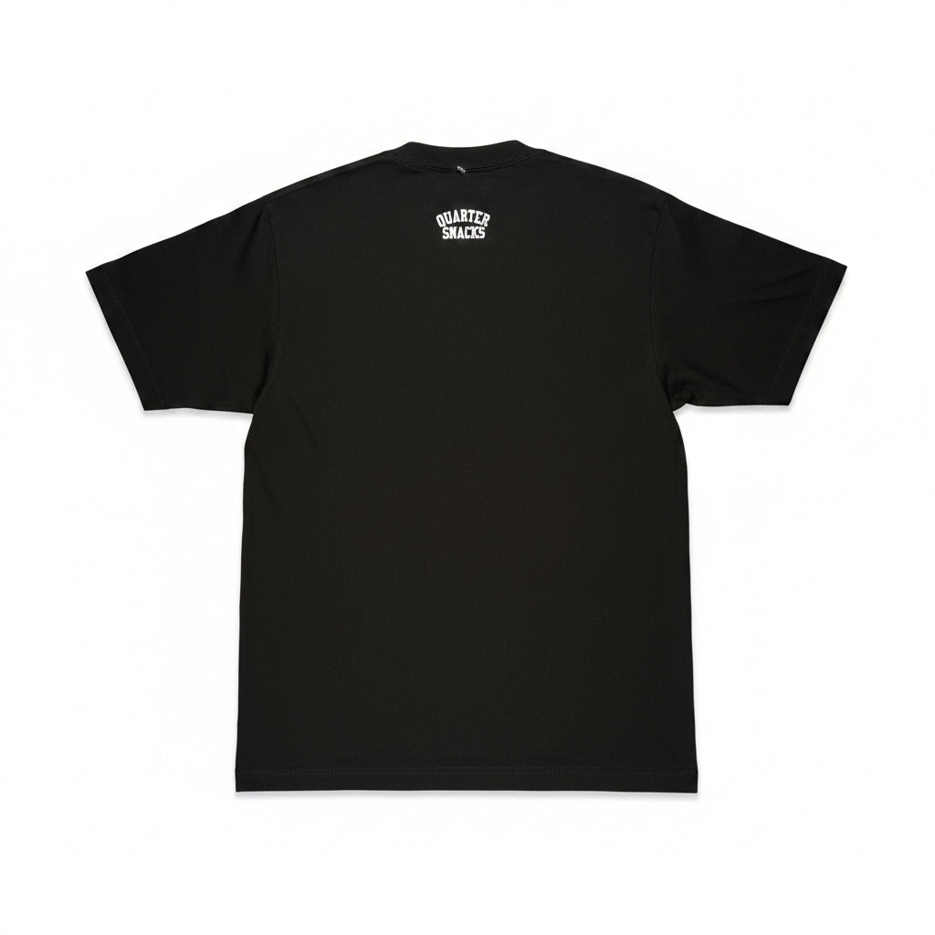 Black t-shirt with a logo on a white surface