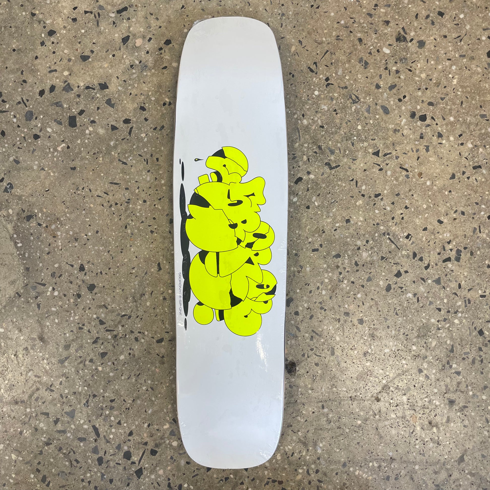 yellow 5boro bubble graf style log printed on a white skate deck