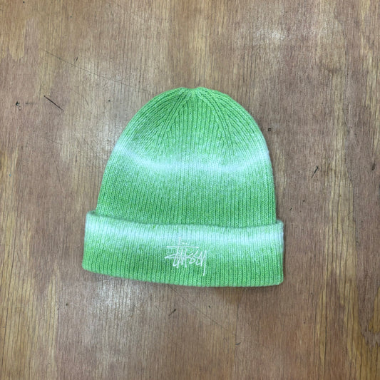 Lime green  and white stripe woven beanie with embroidered stussy logo