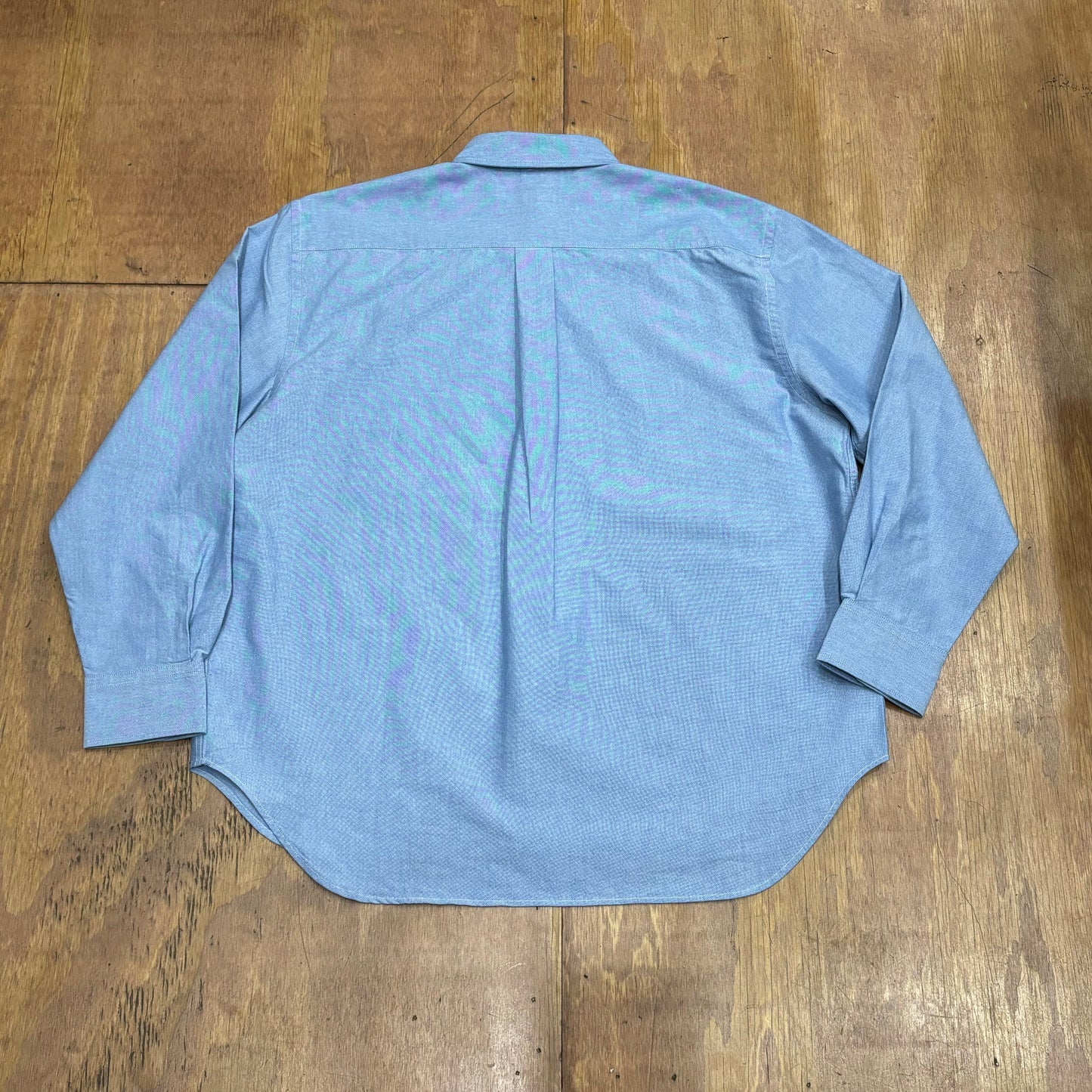 rear view of blue button down shirt