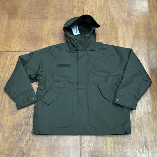 front view of military jacket in olive green
