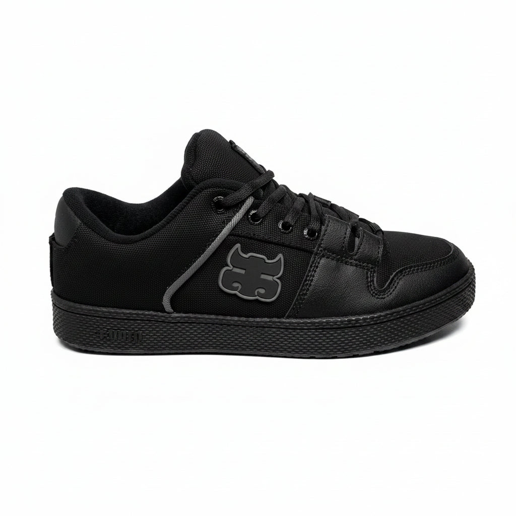Black sneaker with a logo on a white background