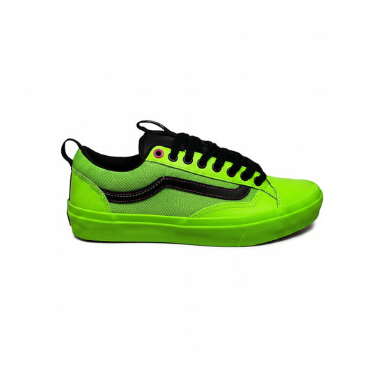 Neon green sneaker with black accents on white background