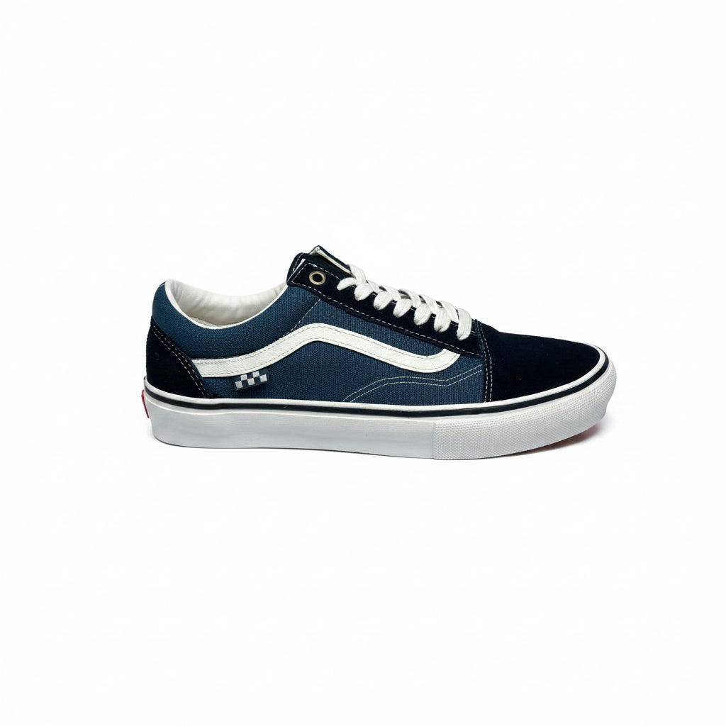 Navy blue sneaker with white accents on a white background