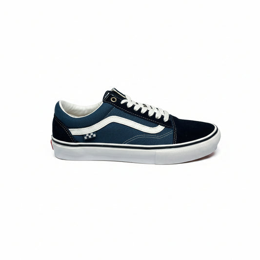 Navy blue sneaker with white accents on a white background