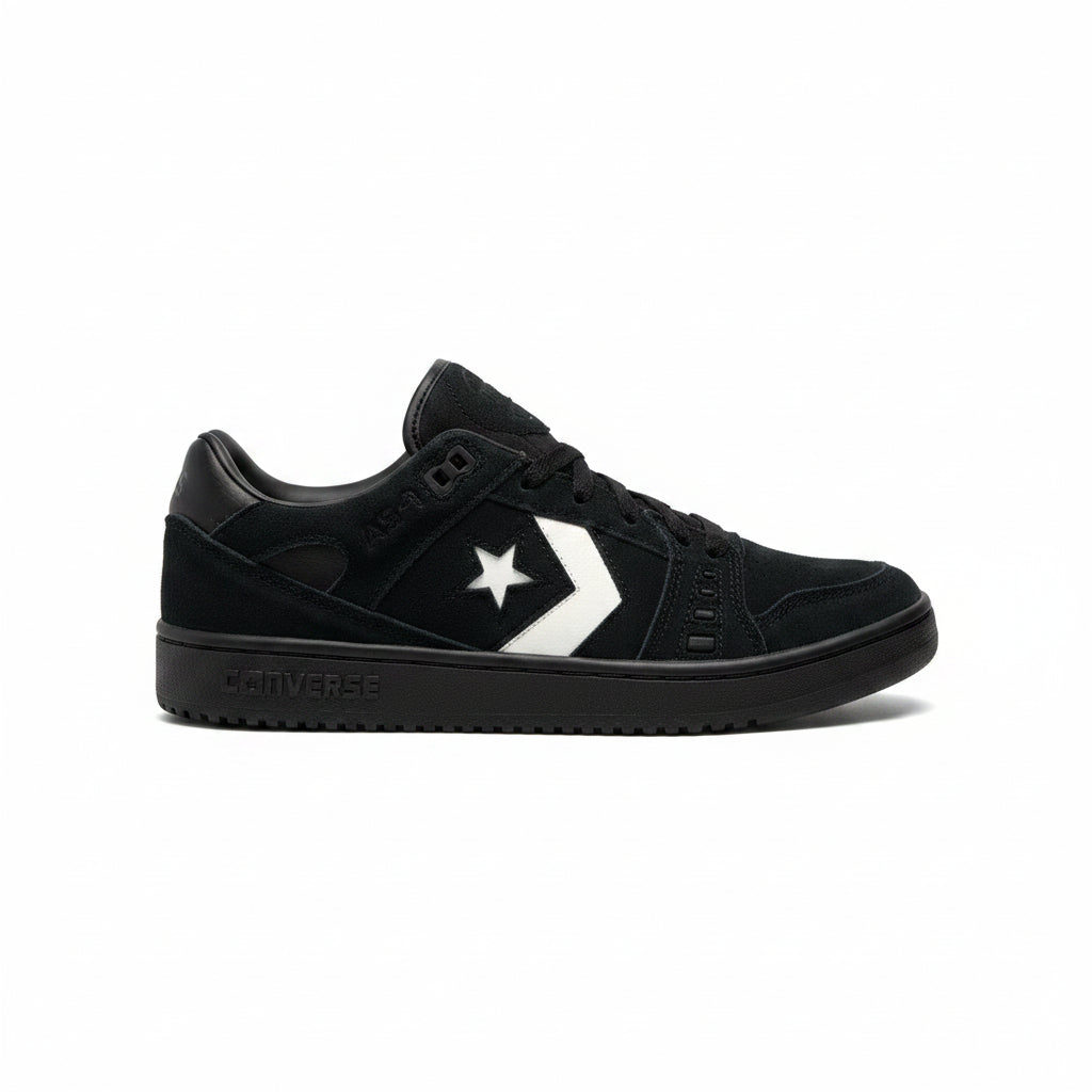 Black suede lowtop skateboard shoe with white converse logo