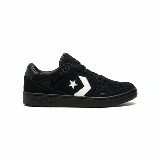 Black suede lowtop skateboard shoe with white converse logo