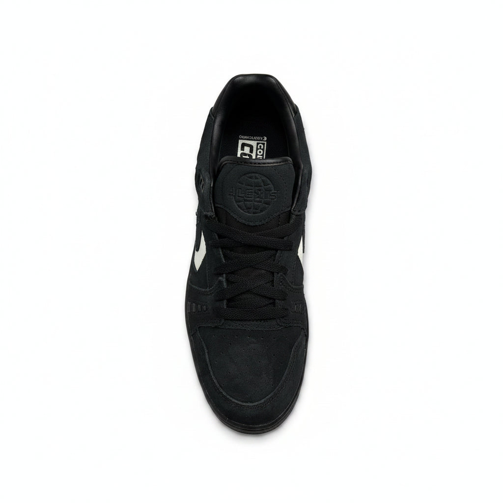 top down view of Black sneaker with a white logo on a white background