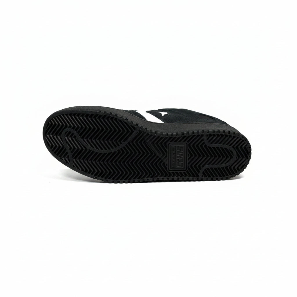Black sneaker sole with brand logo on a white background