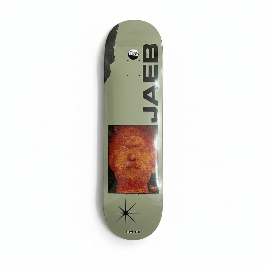 Skateboard deck with 'Jaeb' branding on a white surface