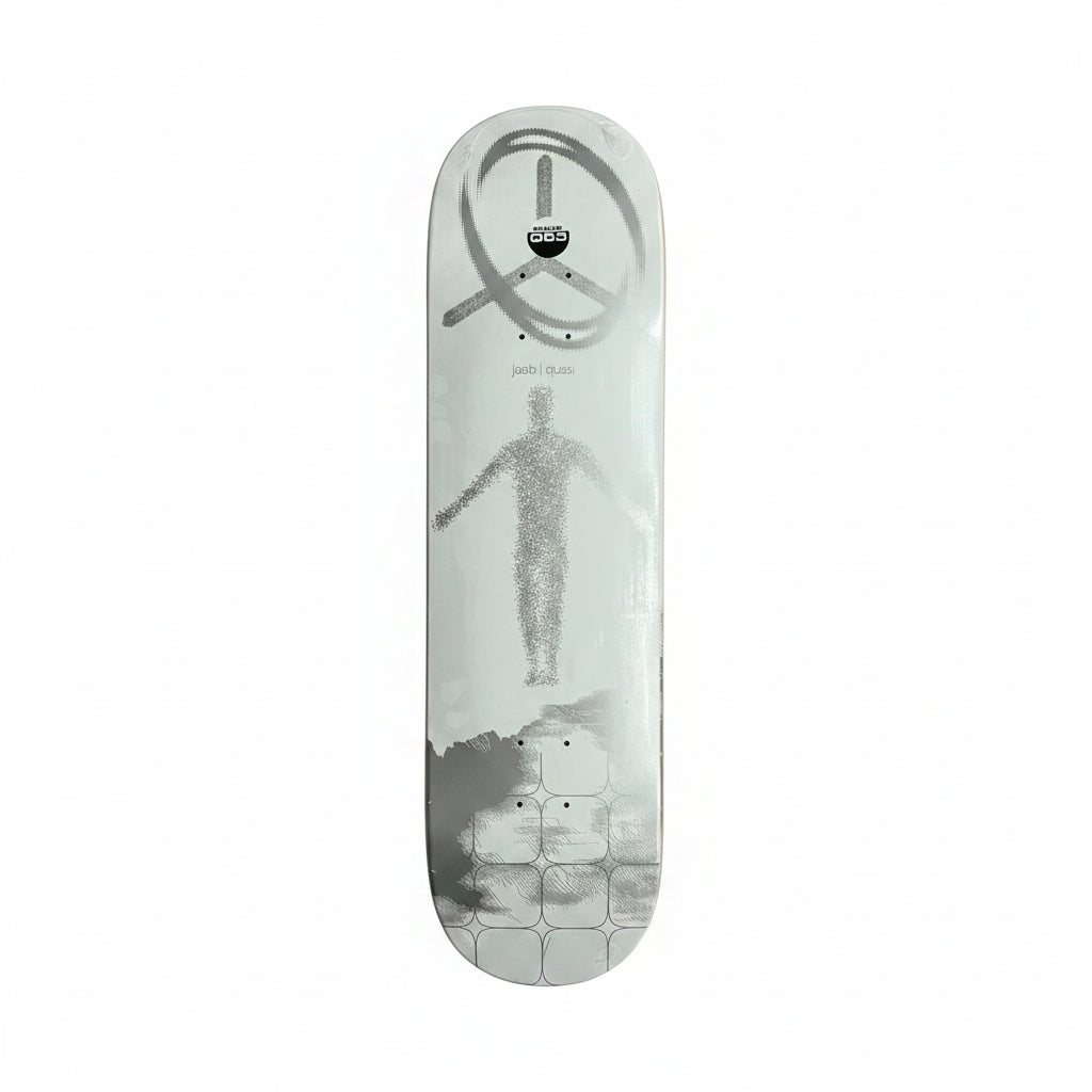 Skateboard deck with a unique design on a white surface