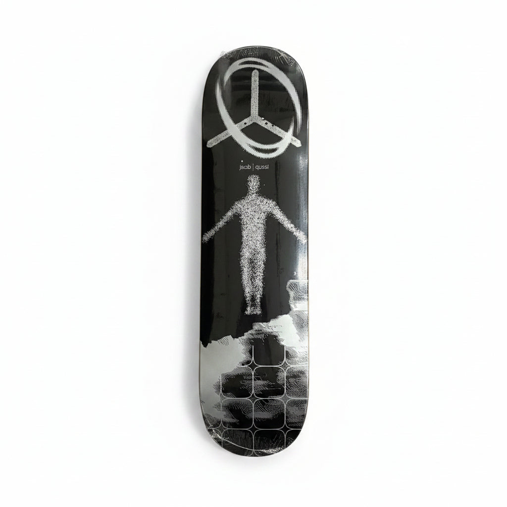 Skateboard deck with artistic design on a white surface