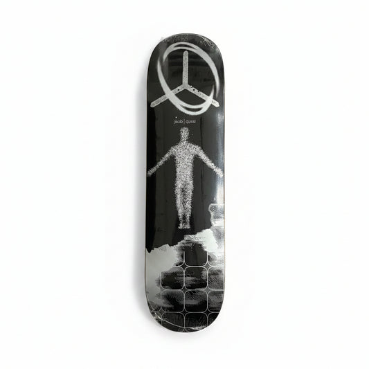 Skateboard deck with artistic design on a white surface