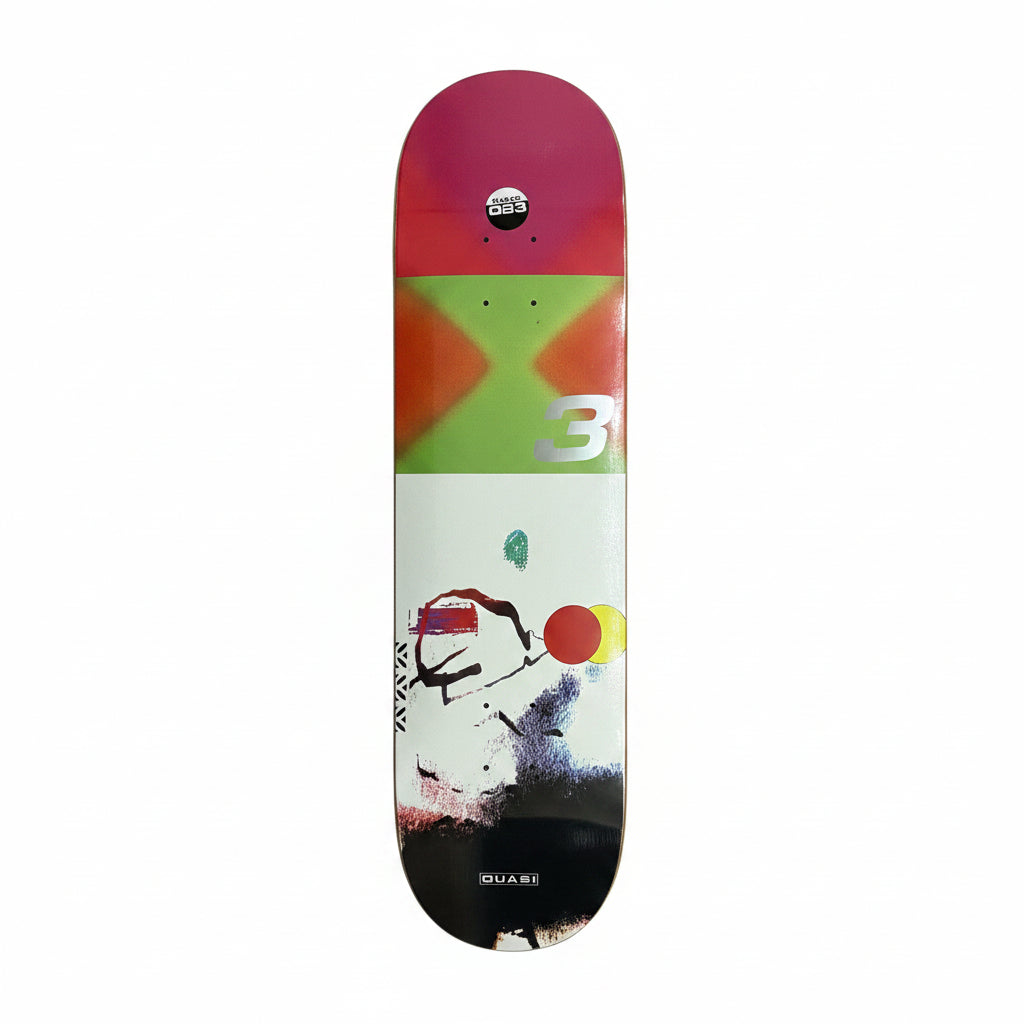 Colorful skateboard deck with abstract design on a white surface