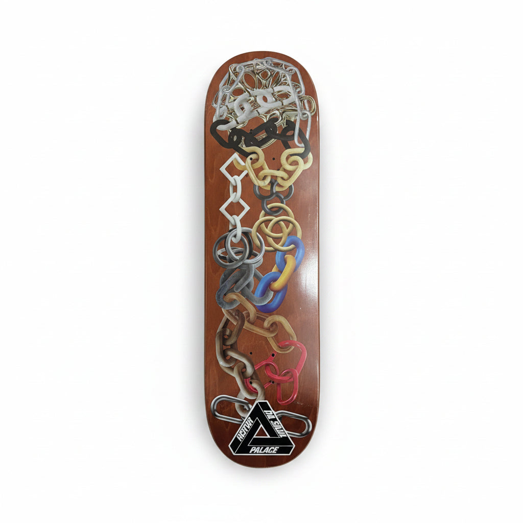 skateboard deck with chain logo on deck