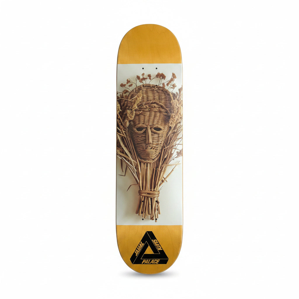 weird woven mask on center of skateboard deck