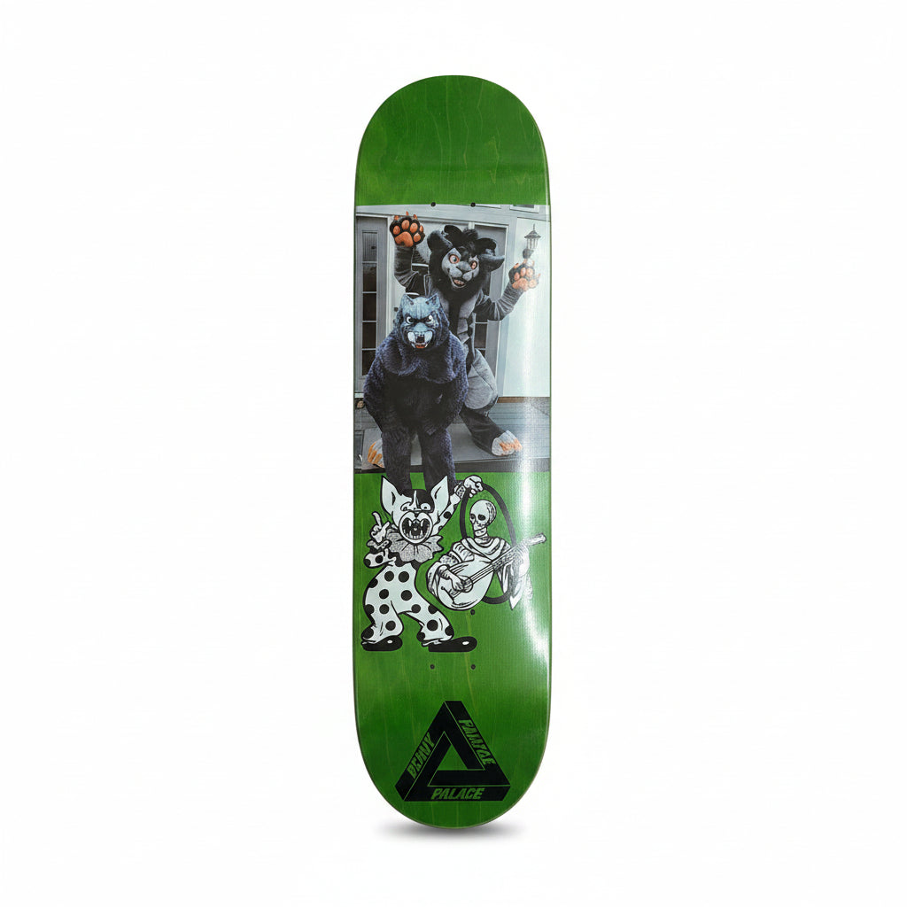 woodgrain deck with furry characters on center