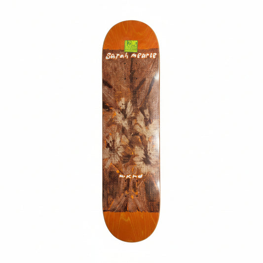 woodgrain skateboard deck on nose and tail with abstract graphic in center