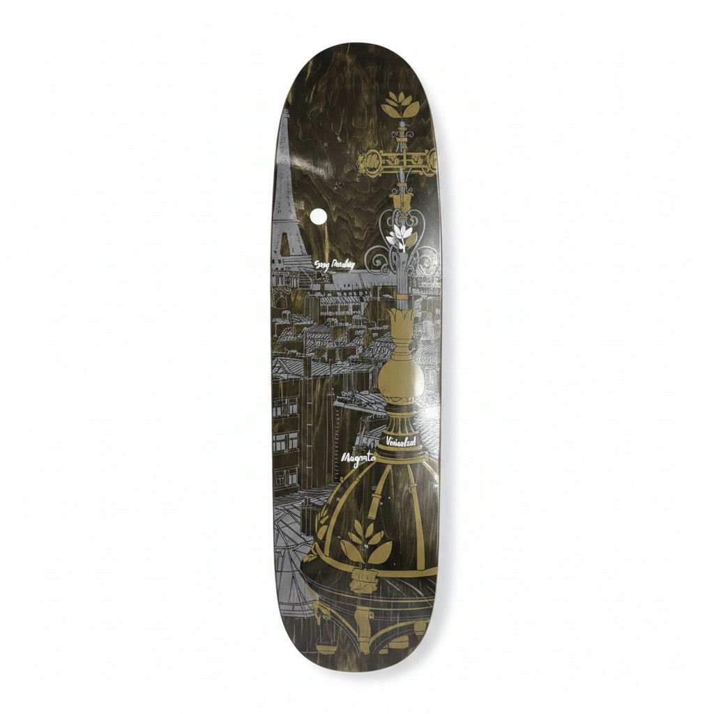 wood grain background with fancy looking graphic design of cityscape graphic