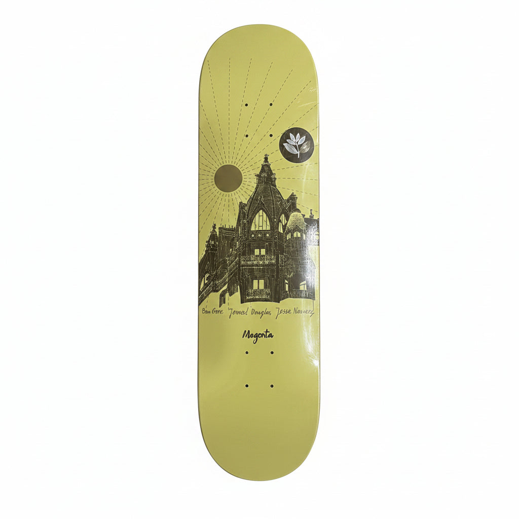 yellow skateboard deck with cathedral in the background