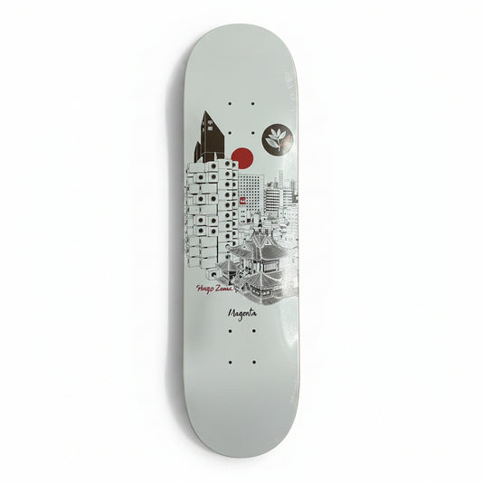 white skateboard deck with a city skyline graphic