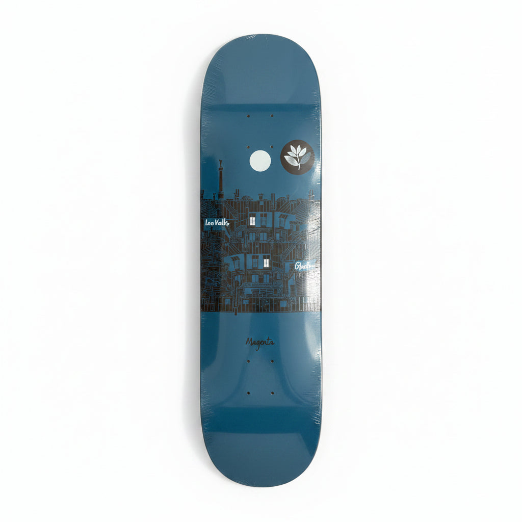 blue skateboard deck with hand drawn style cityscape graphic