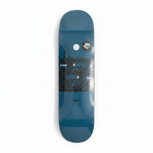 blue skateboard deck with hand drawn style cityscape graphic