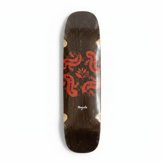 square shape cruiser board with woodgrain and wheel wells, with red logo in the center