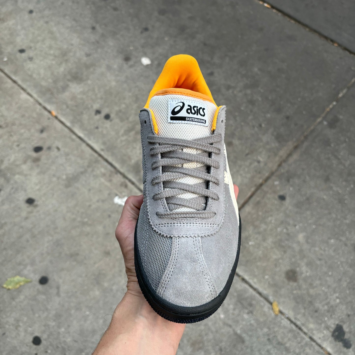 top down view of grey suede and mesh skateboard sneaker