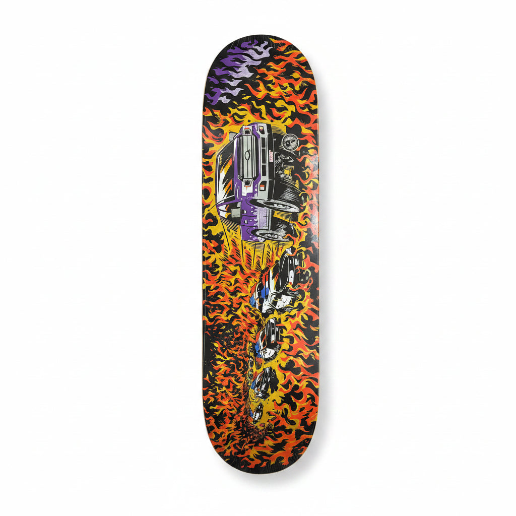 skateboard deck with purple truck and flames 