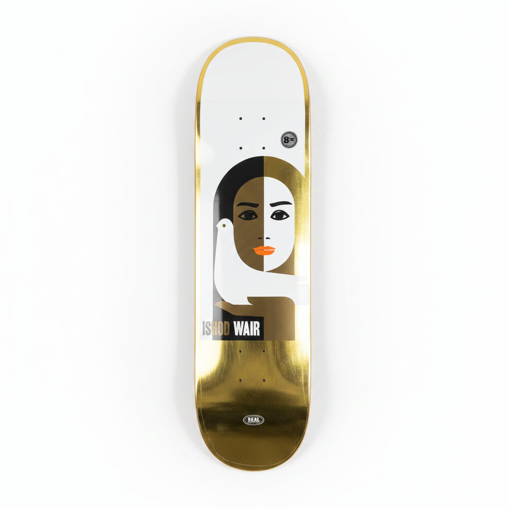 gold foil and white skateboard deck with a dove