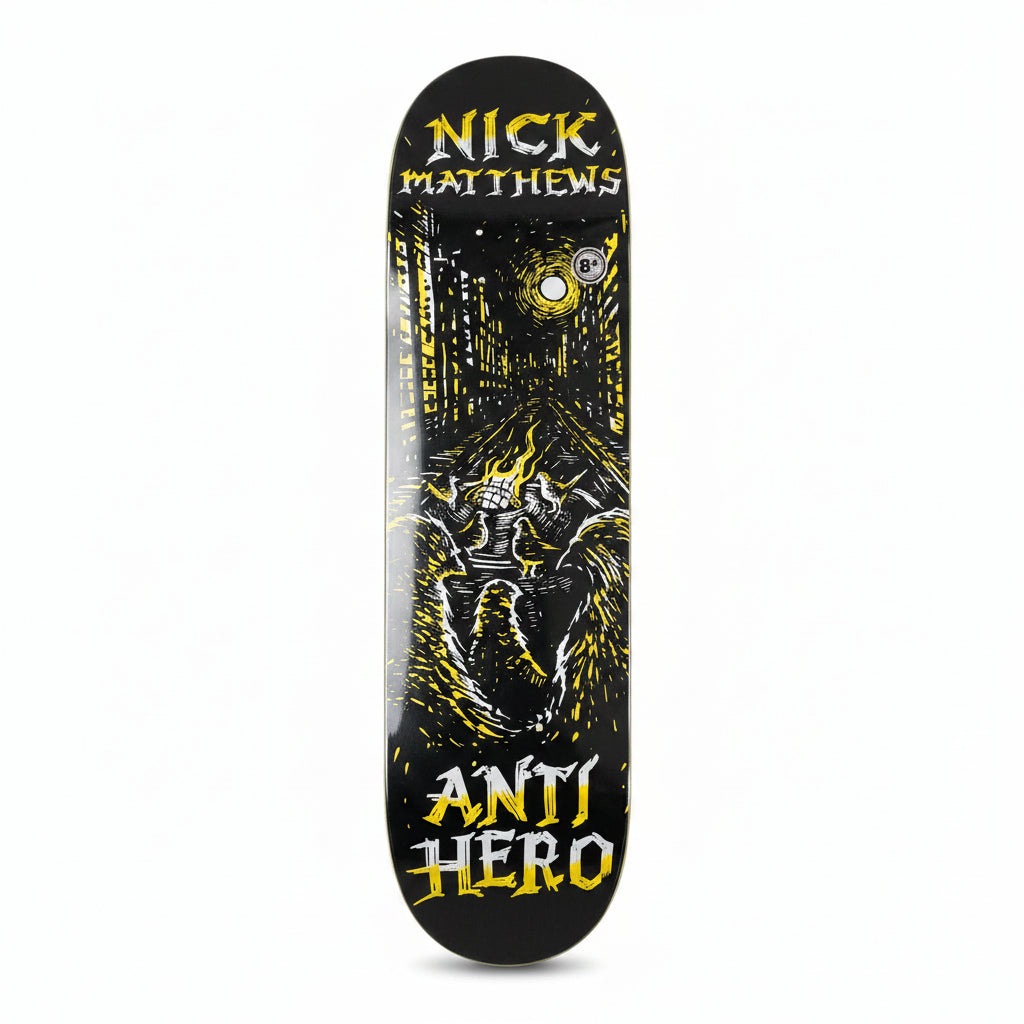 black and yellow graphic on skateboard deck