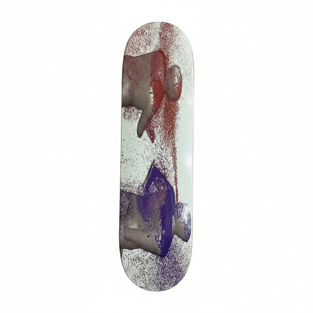 skateboard deck with two mannequin figures spitting at each other 