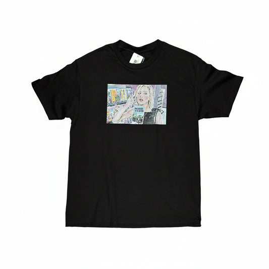 black t-shirt with hand drawn colorful logo in center of t-shirt