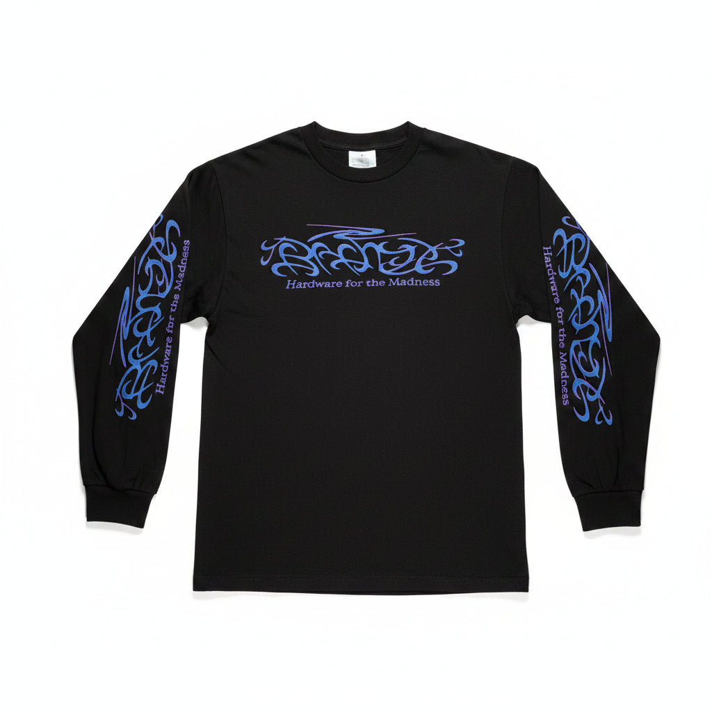 long sleeve black t-shirt with tribal style print on sleeves, and center chest