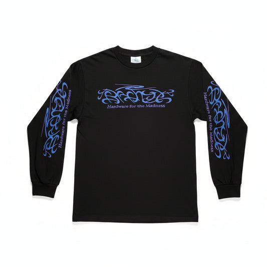 long sleeve black t-shirt with tribal style print on sleeves, and center chest