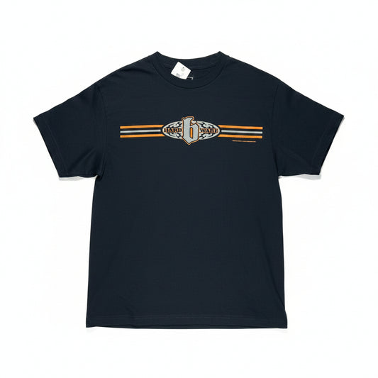 navy t-shirt with center chest graphic