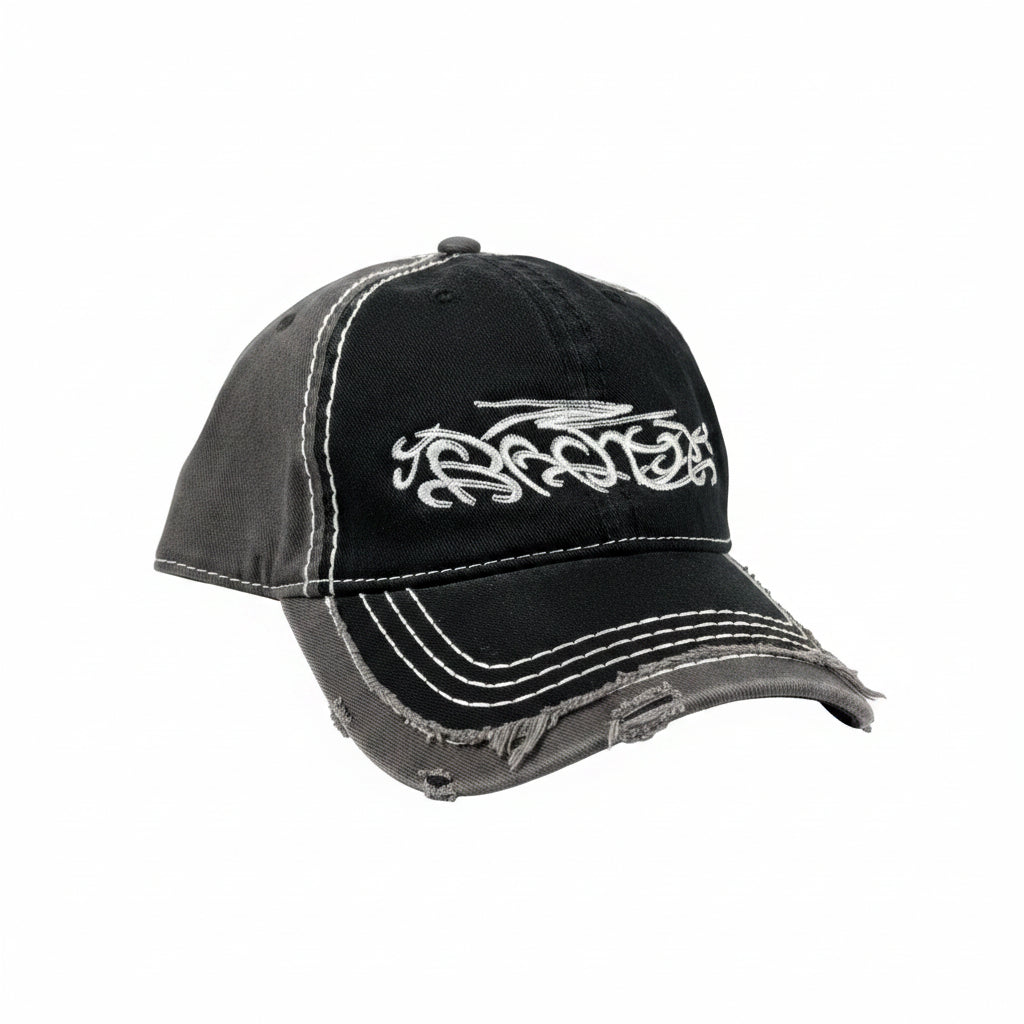 broken in looking cap with tribal style logo