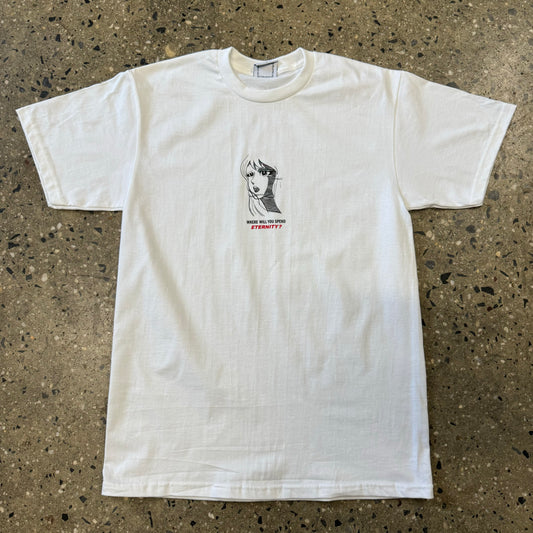 white t shirt with line illlustration of a woman with  black and red text