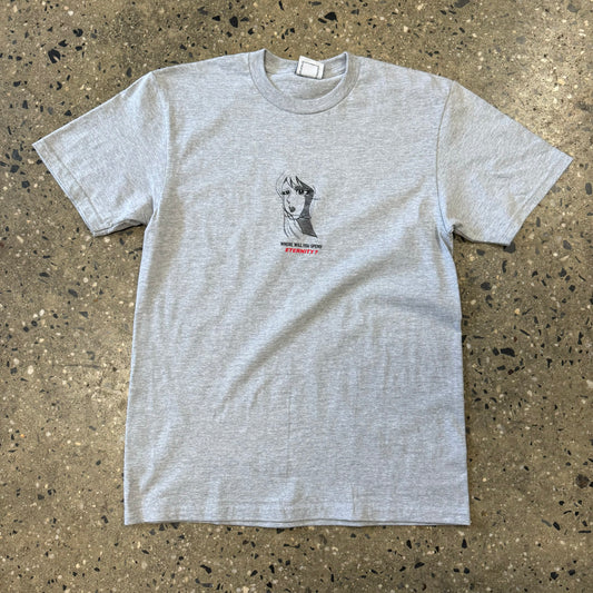 heather grey t shirt with line illustration of woman printed in the center with black and red text
