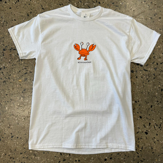 white t shirt with small orange crab graphic in the center